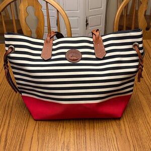 Dooney & Bourke Sullivan Striped Navy and White Tote Bag with Red bottom EUC